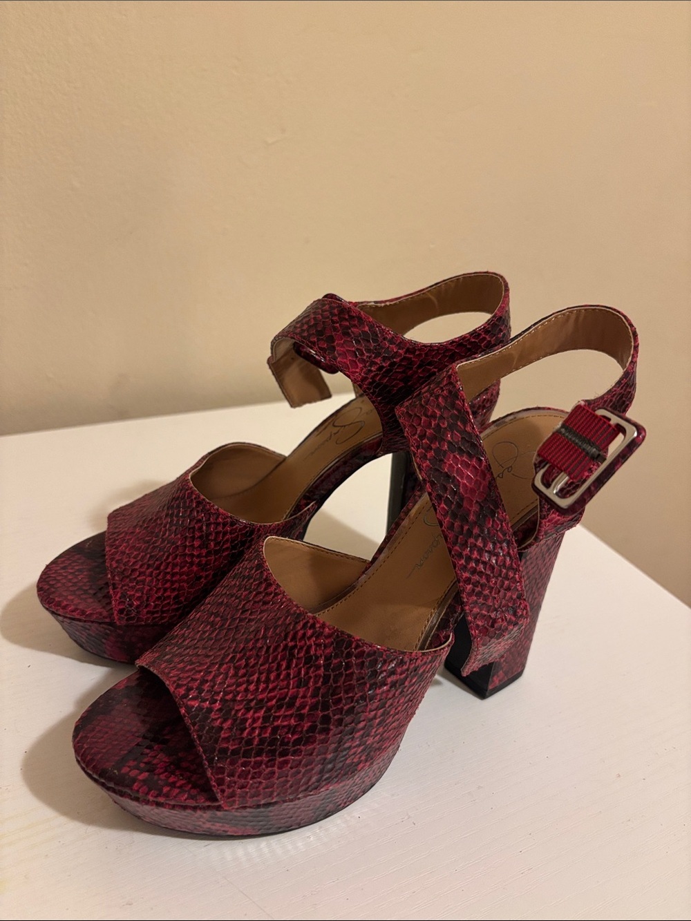 Women's Red Snake-Print Platform Sandals